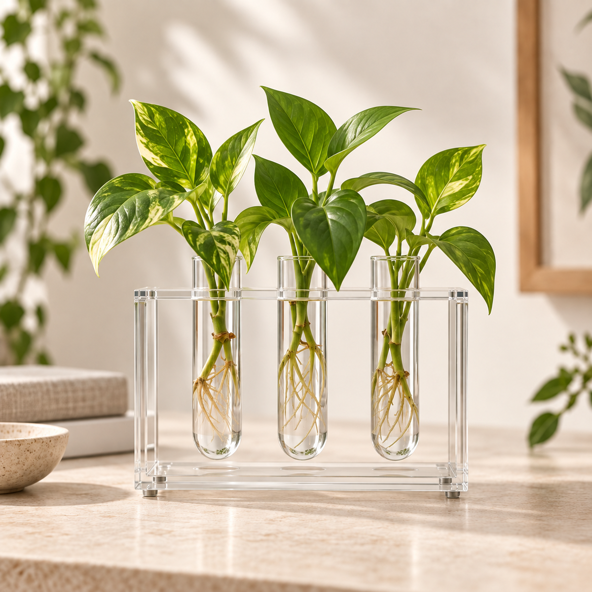 ROOMROOT acrylic three-tube propagation station lifestyle concept; final sourced product may vary