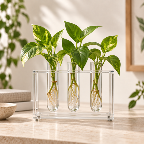 ROOMROOT acrylic three-tube propagation station lifestyle concept; final sourced product may vary