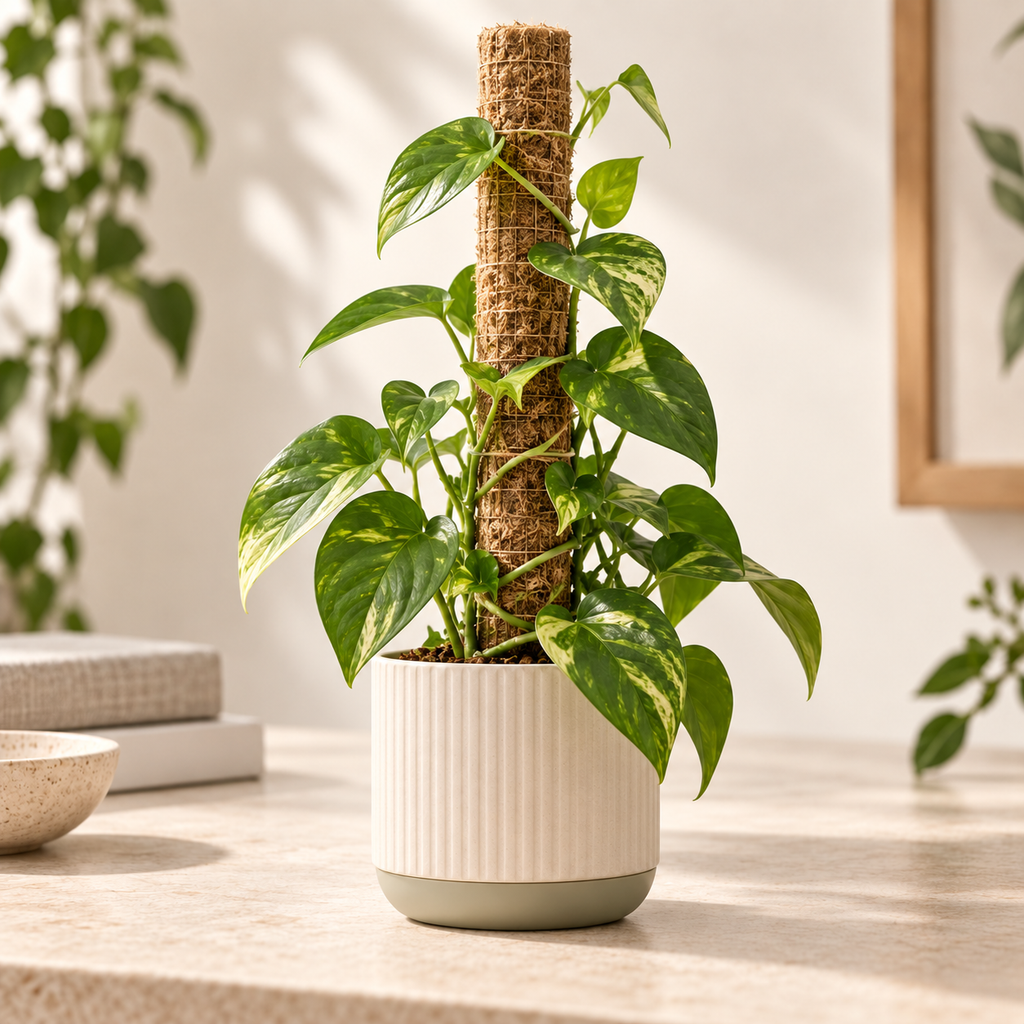 ROOMROOT extendable moss pole lifestyle concept with climbing pothos; final sourced product may vary
