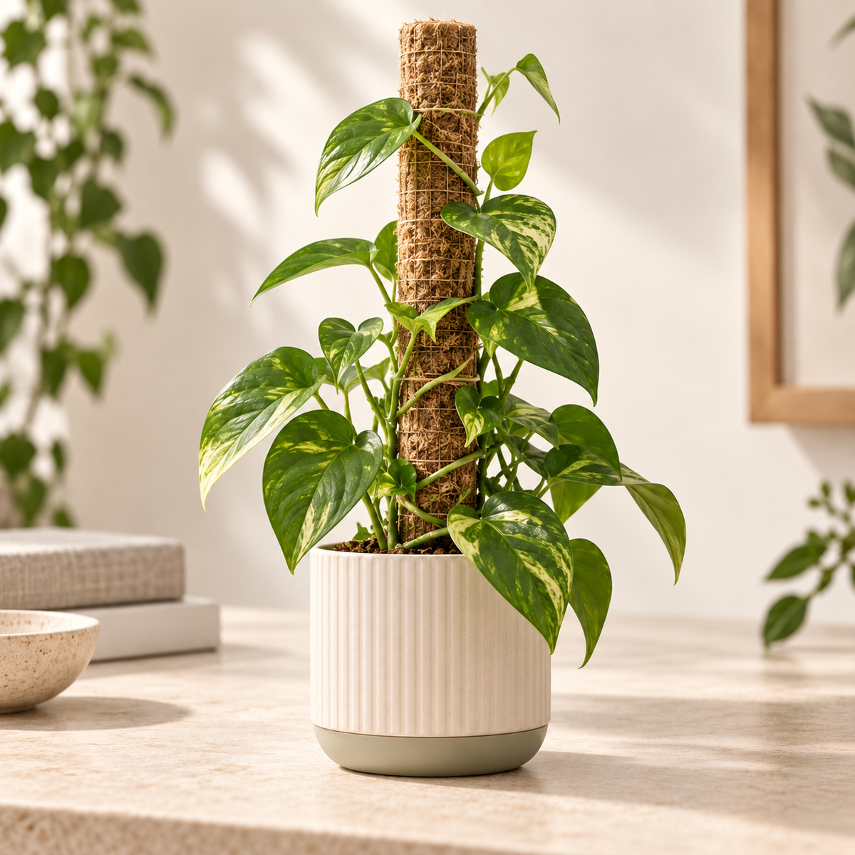 ROOMROOT extendable moss pole lifestyle concept with climbing pothos; final sourced product may vary