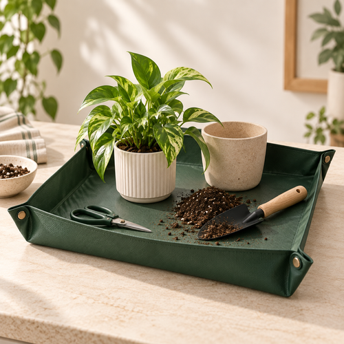 ROOMROOT repotting mat lifestyle concept for clean indoor plant care; final sourced product may vary