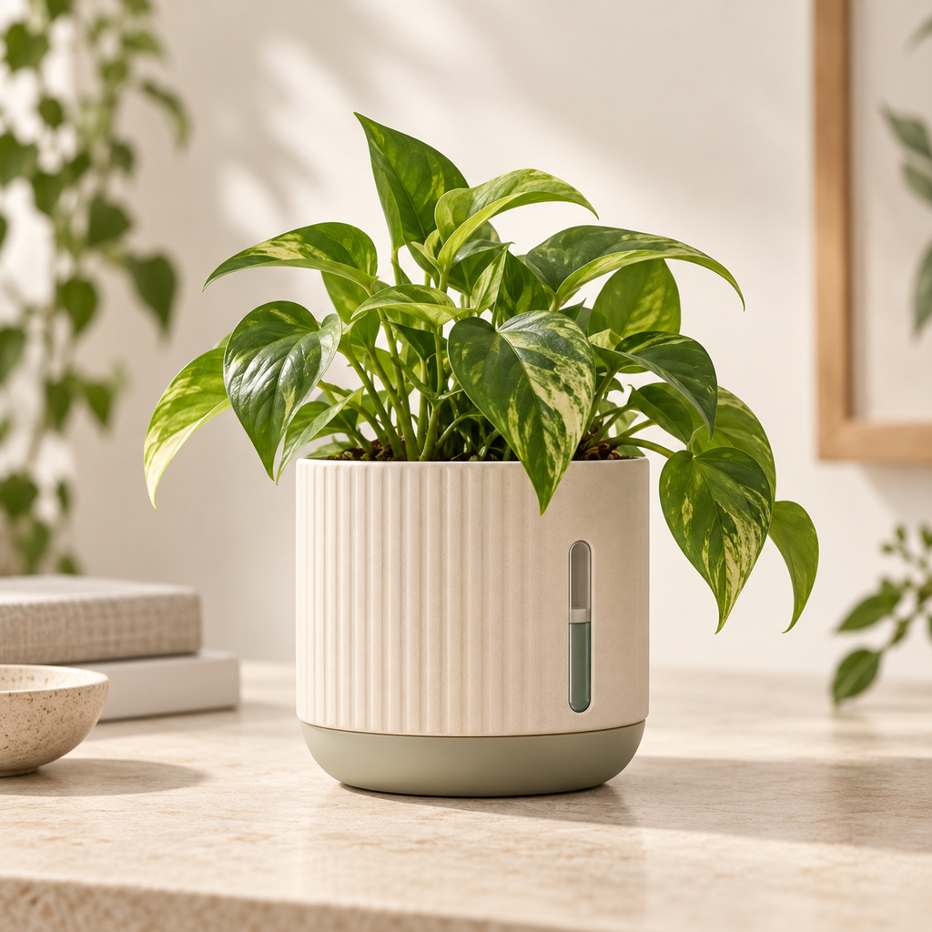 ROOMROOT self-watering planter lifestyle concept with variegated pothos; final sourced product may vary